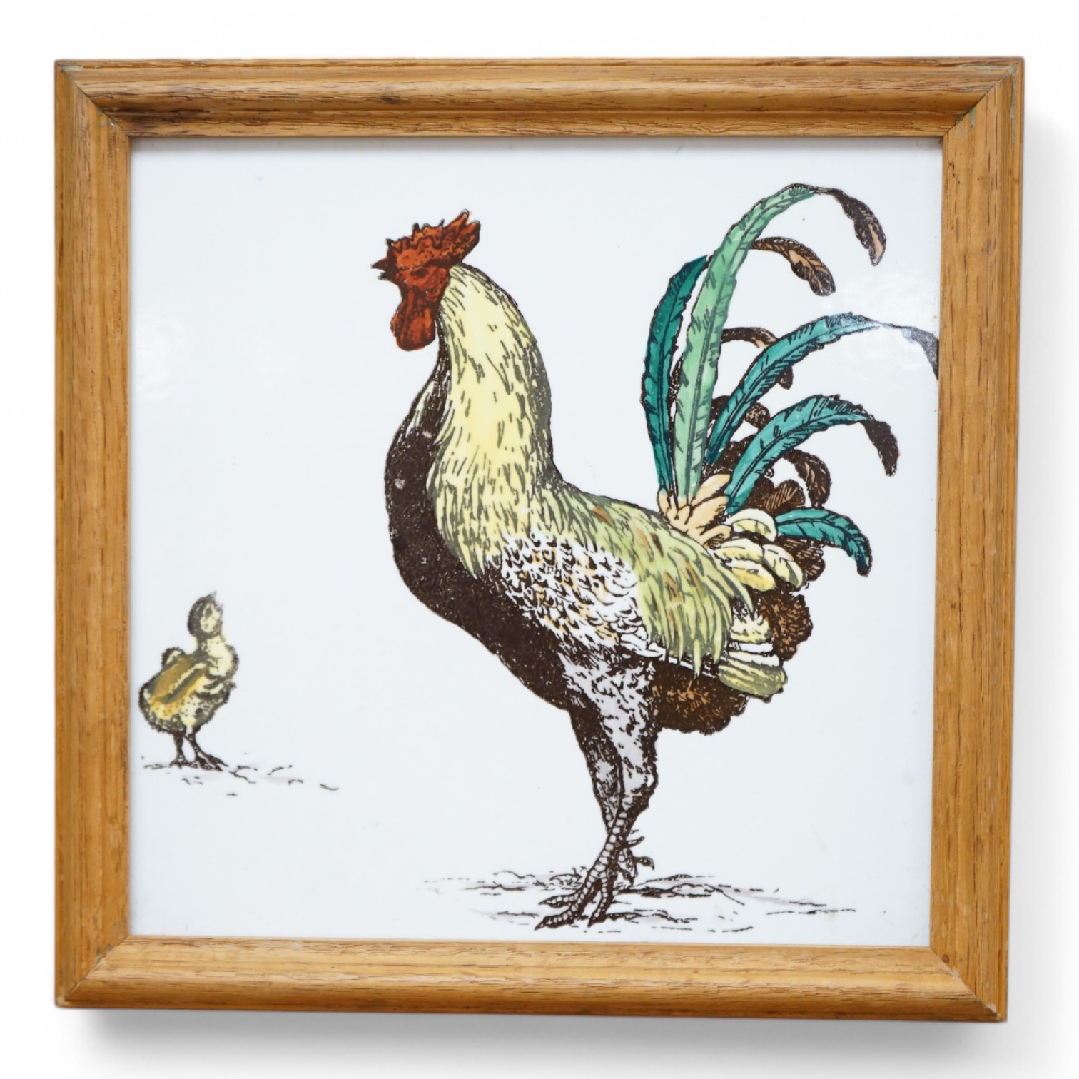 William Stephen Coleman for Mintons, a naturalist tile decorated with a rooster, framed, 24 x 23cm. Condition - fair